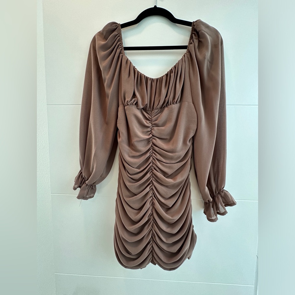Blush Tan Long Sleeve Ruched Mini Dress | Ruffle Hem | Formal Party | Size M - Picture 5 of 10